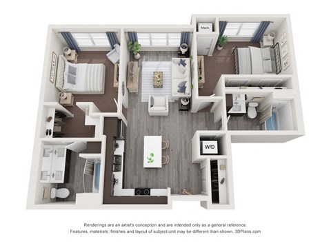 Floor plan for 2 beds, 2 baths, 953 sqft